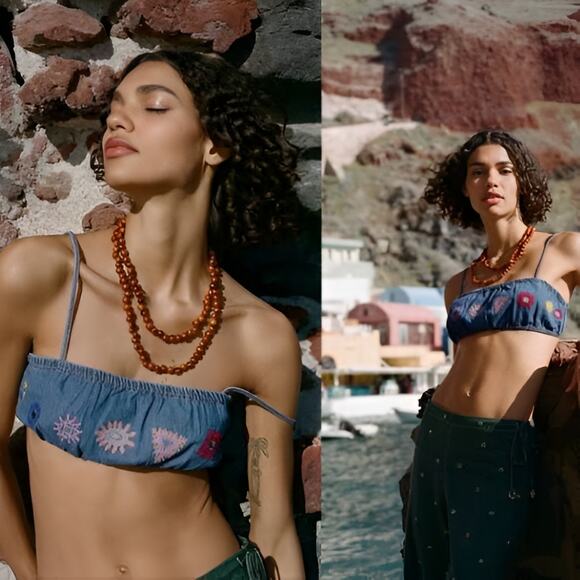 Zara Womens Boho Beach Summer Embroidered Bralette Denim Crop Top‎ Size XL Blue - Picture 1 of 6